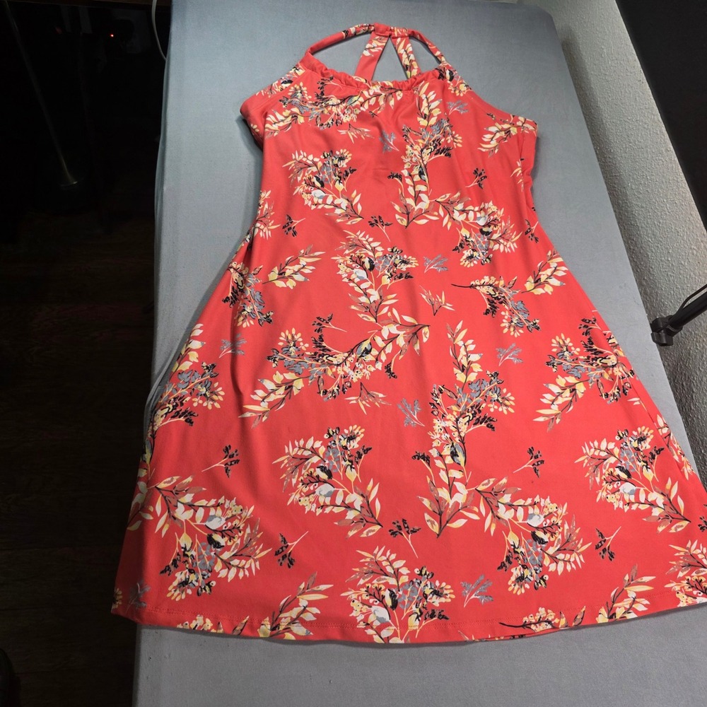 Peace & Pearls Coral Orange Botanical Floral Halter Neck A-Line Dress Large